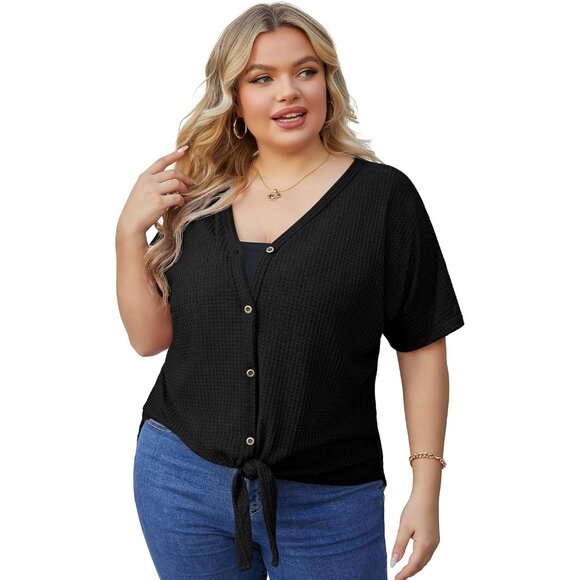 Plus Size Womens V Neck Waffle Knit Top Short Sleeve Button Front Tunic - Picture 3 of 6
